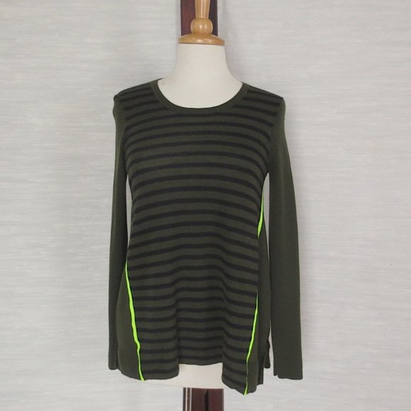 Green and Black Cotton Cashmere Trapeze Stripe Tunic Crew Neck Sweater - Picture 3 of 5